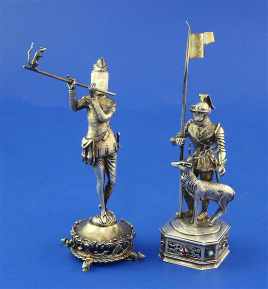 Two early 20th century German sterling silver and cabochon set miniature figures, The Pied Piper of Hamelin & St. Eustace,